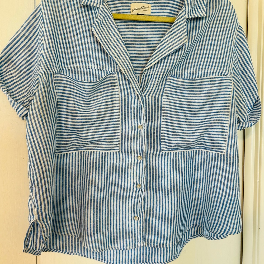 Universal Thread Linen Blend Navy and White Striped Shirt